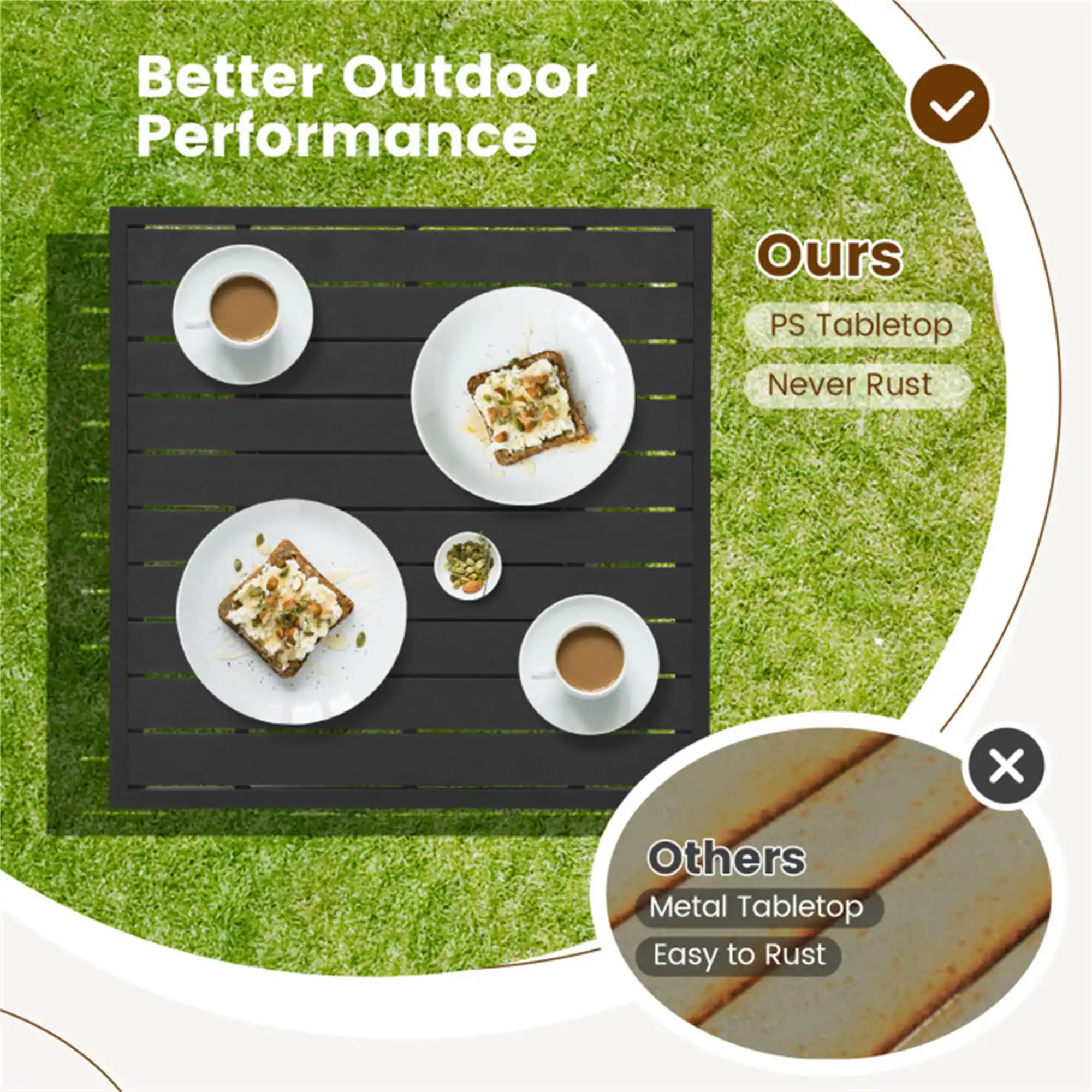 Better Outdoor Performance  
Ours  
PS Tabletop  
Never Rust  

Others  
Metal Tabletop  
Easy to Rust