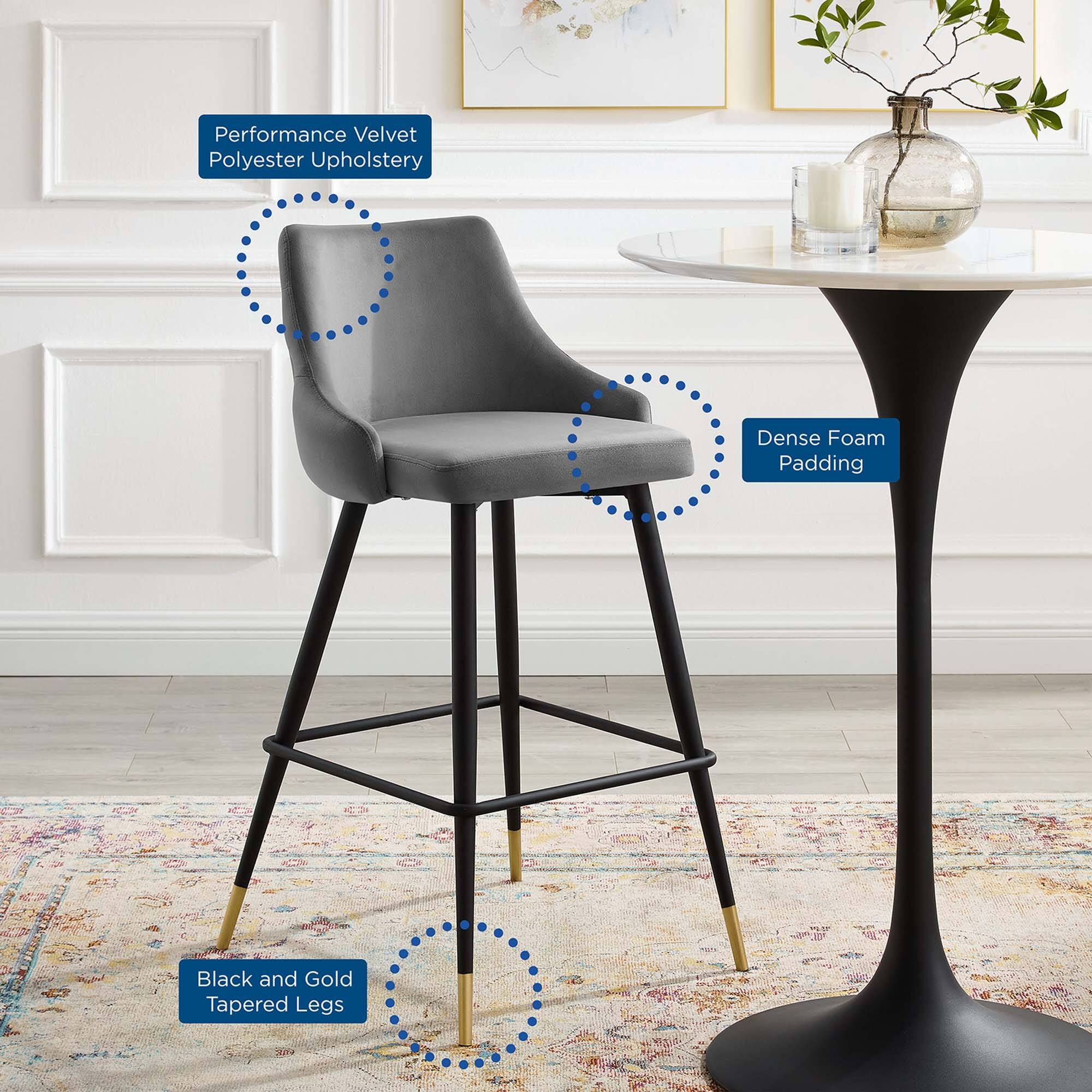 Performance Velvet Polyester Upholstery  
Dense Foam Padding  
Black and Gold Tapered Legs