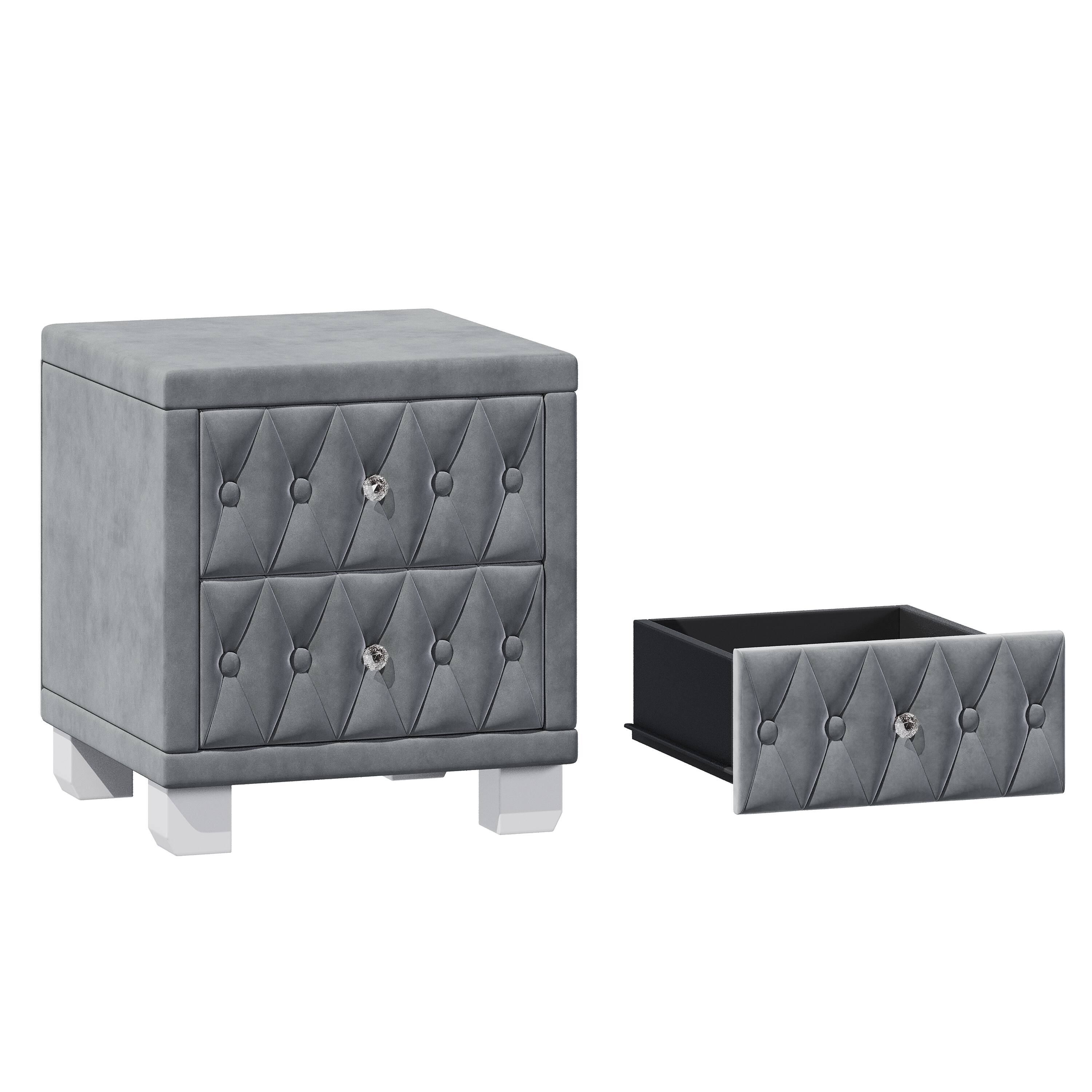 Alt View 4. Tiramisubest - Elegant Velvet Nightstand with 2 Drawers and Crystal Handle, Storage Bedside Table with Button-Tufted, Grey - Grey.
