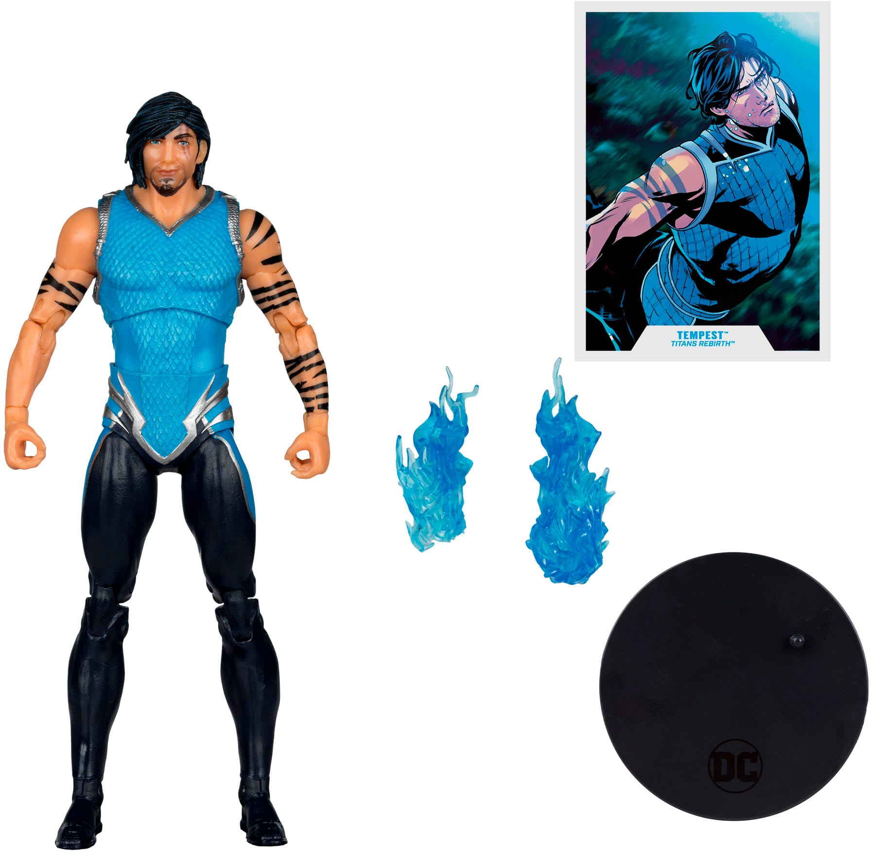 The image features a blue action figure, likely a superhero, standing next to a blue circle. There is also a comic book displayed in the background, which might be related to the action figure. The action figure is wearing a blue and black costume, and it appears to be a toy. The overall theme of the image seems to be centered around the blue superhero and his comic book.