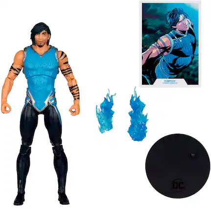 The image features a blue action figure, likely a superhero, standing next to a blue circle. There is also a comic book displayed in the background, which might be related to the action figure. The action figure is wearing a blue and black costume, and it appears to be a toy. The overall theme of the image seems to be centered around the blue superhero and his comic book.