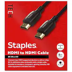 **TECH Staples**
**Staples HDMI to HDMI Cable**
**8K Ultra HD**
Connect two HDMI supported devices to deliver crisp, 8K hi-definition video and audio with a single cable. Suitable for monitors, computers, gaming consoles, HD video equipment and other devices.
- **6 FT / 1.8 M**
- **AUDIO & VIDEO**
- **BLACK**