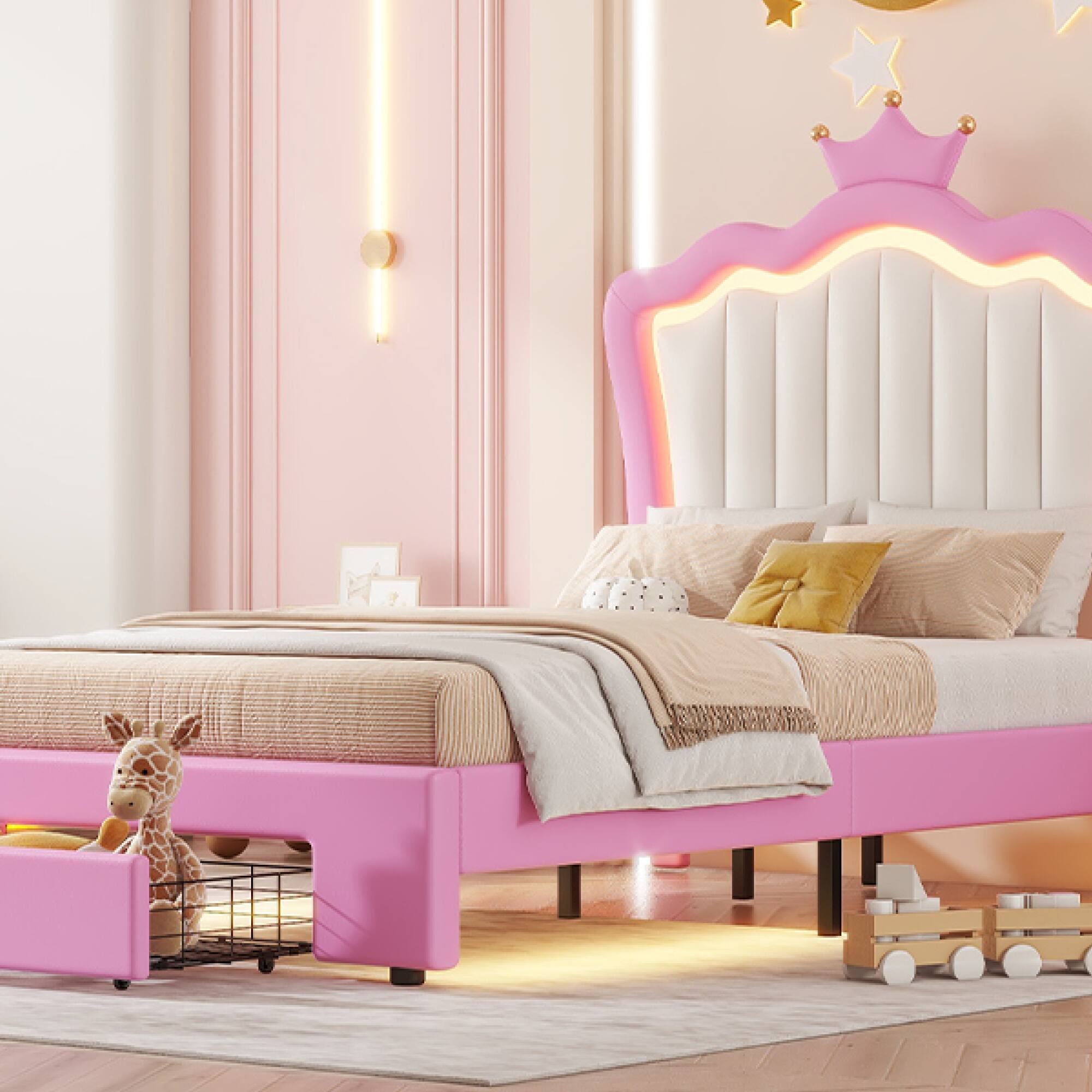 Alt View 10. GOODSILO - Twin Size Upholstered Platform Bed with LED Lighting and Storage Drawer, Modern Crown Headboard Design for Bedroom Decor - Pink+White.