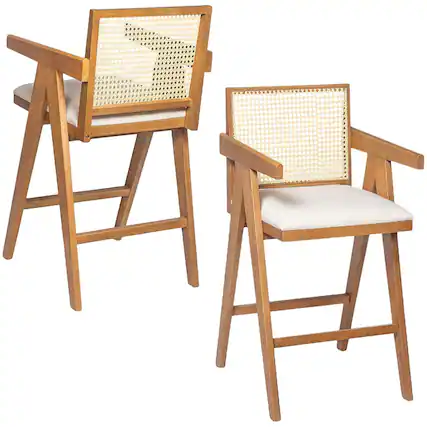 Front. HTUTWOO - Bar Stools Set of 2, Wood Rattan Counter Height Chairs with PE Rattan Backrest and Fabric Padded Seat for Kitchen Island - Brown.