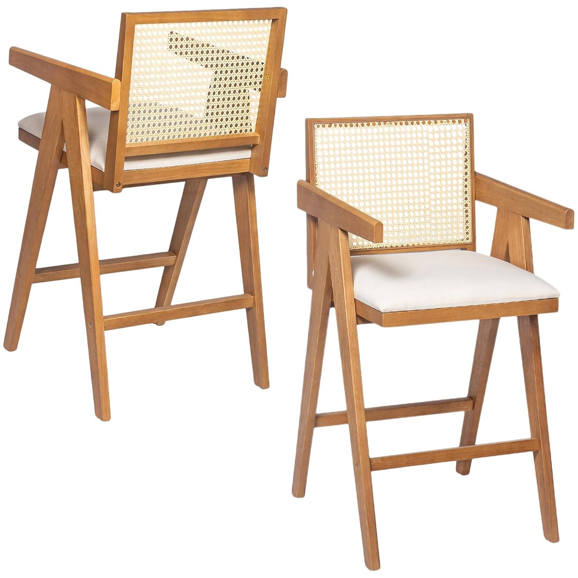 Front. HTUTWOO - Bar Stools Set of 2, Wood Rattan Counter Height Chairs with PE Rattan Backrest and Fabric Padded Seat for Kitchen Island - Brown.