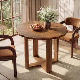 Tribesigns - 31.5-Inch Solid Wood Round Dining Table for 2-4, Small Farmhouse Kitchen Table with Carved Petal Pattern, Wooden Dining - Rustic Brown