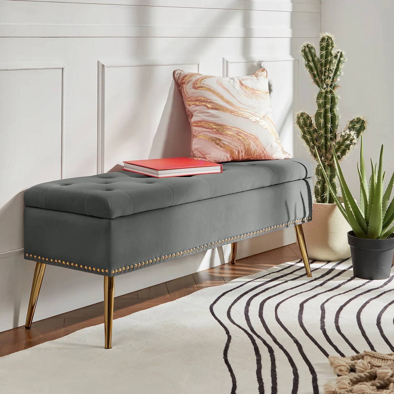 Left. Hivvago - Mid-Century Modern End of Bed Storage Bench with Velvet Seat and Legs - Gray, Gold.