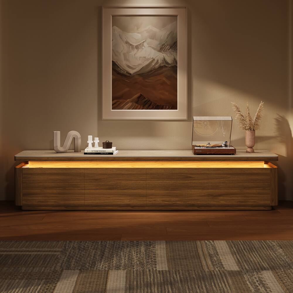 Left. POVISON - 79" Fully Assembled Walnut Matte Sintered Stone Mid-Century TV Stand with LED Lights and Drawers for 65 to 75 In TVs - Walnut Color MDF.