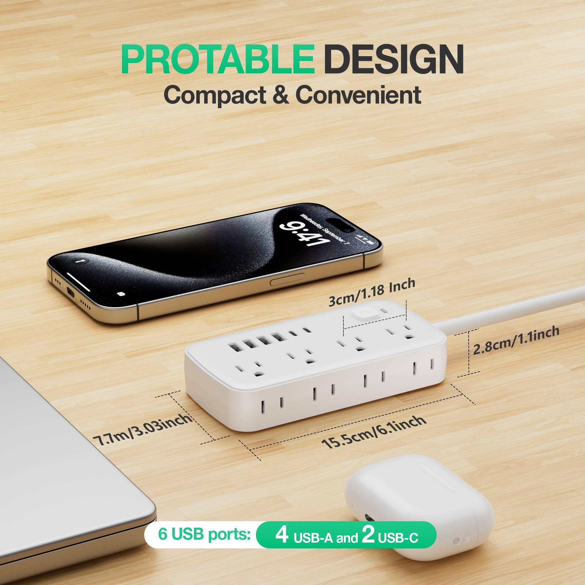 PROTABLE DESIGN  
Compact & Convenient  

- 9:41  
- 3cm/1.18 Inch  
- 2.8cm/1.1inch  
- 7.7m/3.03inch  
- 15.5cm/6.1inch  
- 6 USB ports: 4 USB-A and 2 USB-C