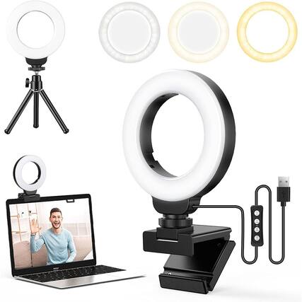 Front. PARKER SLATER - 4" ring light with tripod and webcam mount, 3 light modes, 10 brightness levels, ideal for Zoom calls and selfies..