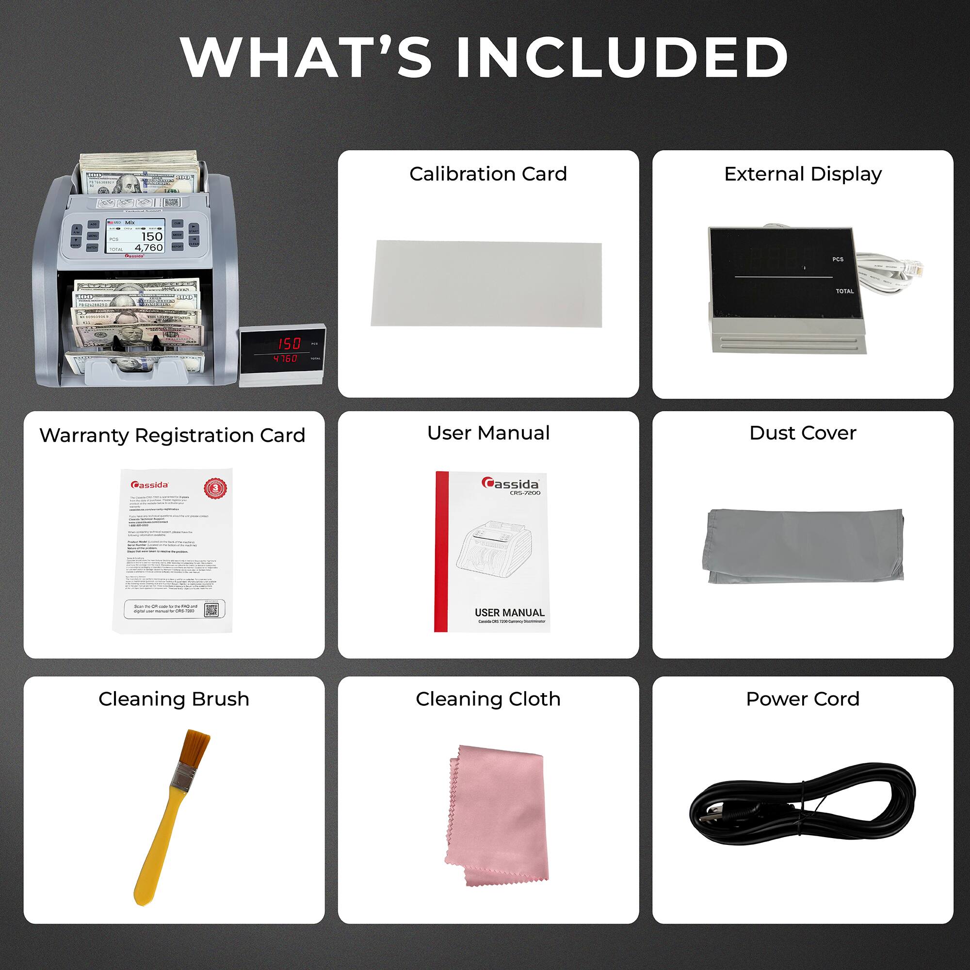 WHAT'S INCLUDED

- Calibration Card
- External Display
- Warranty Registration Card
- User Manual
- Dust Cover
- Cleaning Brush
- Cleaning Cloth
- Power Cord