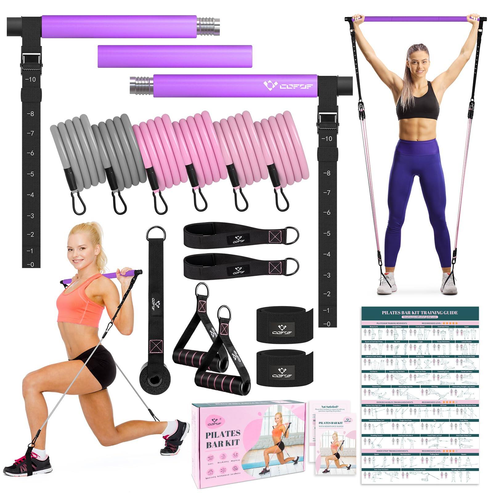 Stylel Star - Pilates Bar Kit Resistance Bands Yoga Portable Home Women adjustable exercise fitness workout With Multifunctional - Purple(20/25/30lbs)
