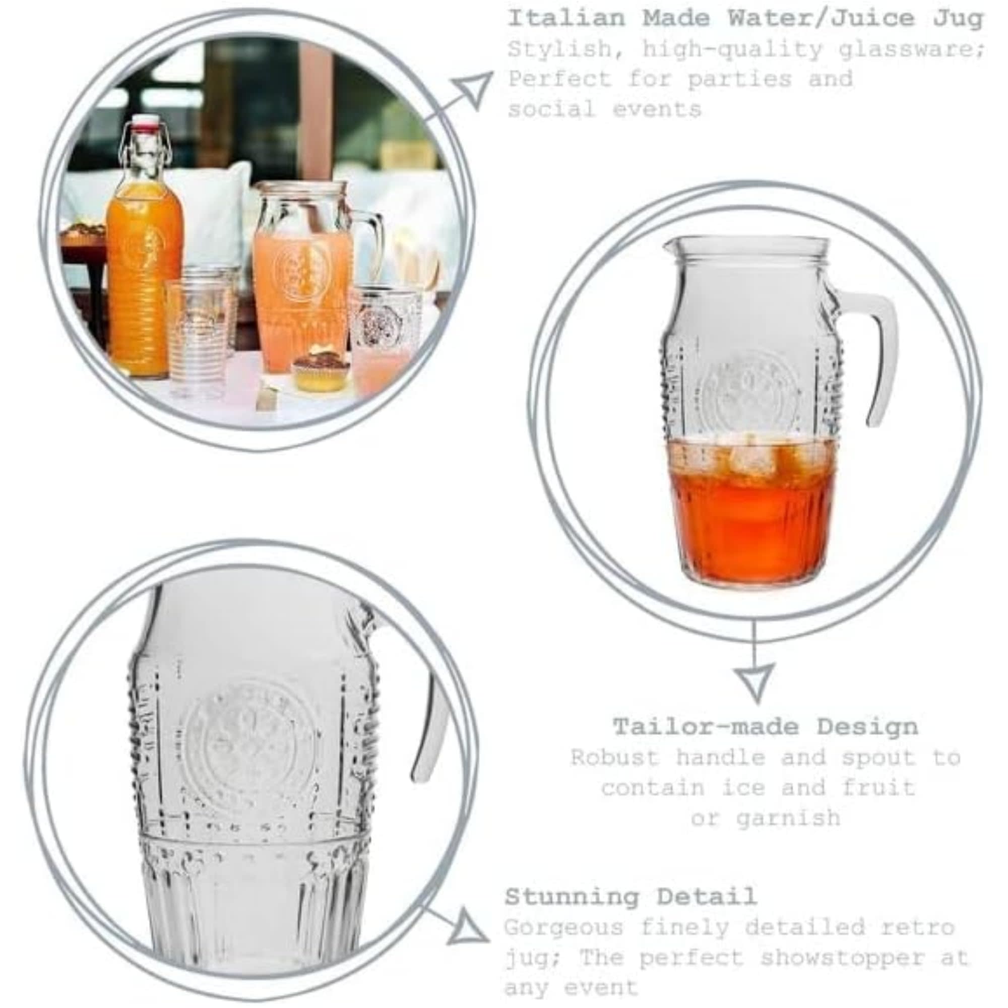 Italian Made Water/Juice Jug

Stylish, high-quality glassware; Perfect for parties and social events

Tailor-made Design
Robust handle and spout to contain ice and fruit or garnish

Stunning Detail
Gorgeous finely detailed retro jug; The perfect showstopper at any event