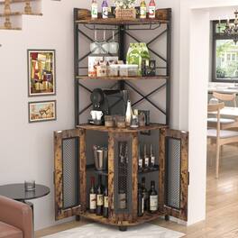 Aheaplus - Industrial 5-Tiers Corner Bar/Wine/Liquor Cabinet with Power Outlet, LED Strip & Glass Holder for Home Small Space - Rustic Brown