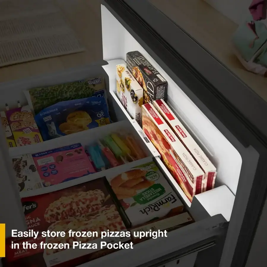 The image features a refrigerator with its door open, revealing a variety of frozen pizzas stored inside. The pizzas are arranged in different sections of the refrigerator, with some placed on the top shelves and others on the bottom shelves. The pizzas are organized in a way that allows for easy access and visibility, making it convenient for users to find and choose their desired pizza. The refrigerator is designed to store the pizzas upright, ensuring that they maintain their shape and texture when thawed.