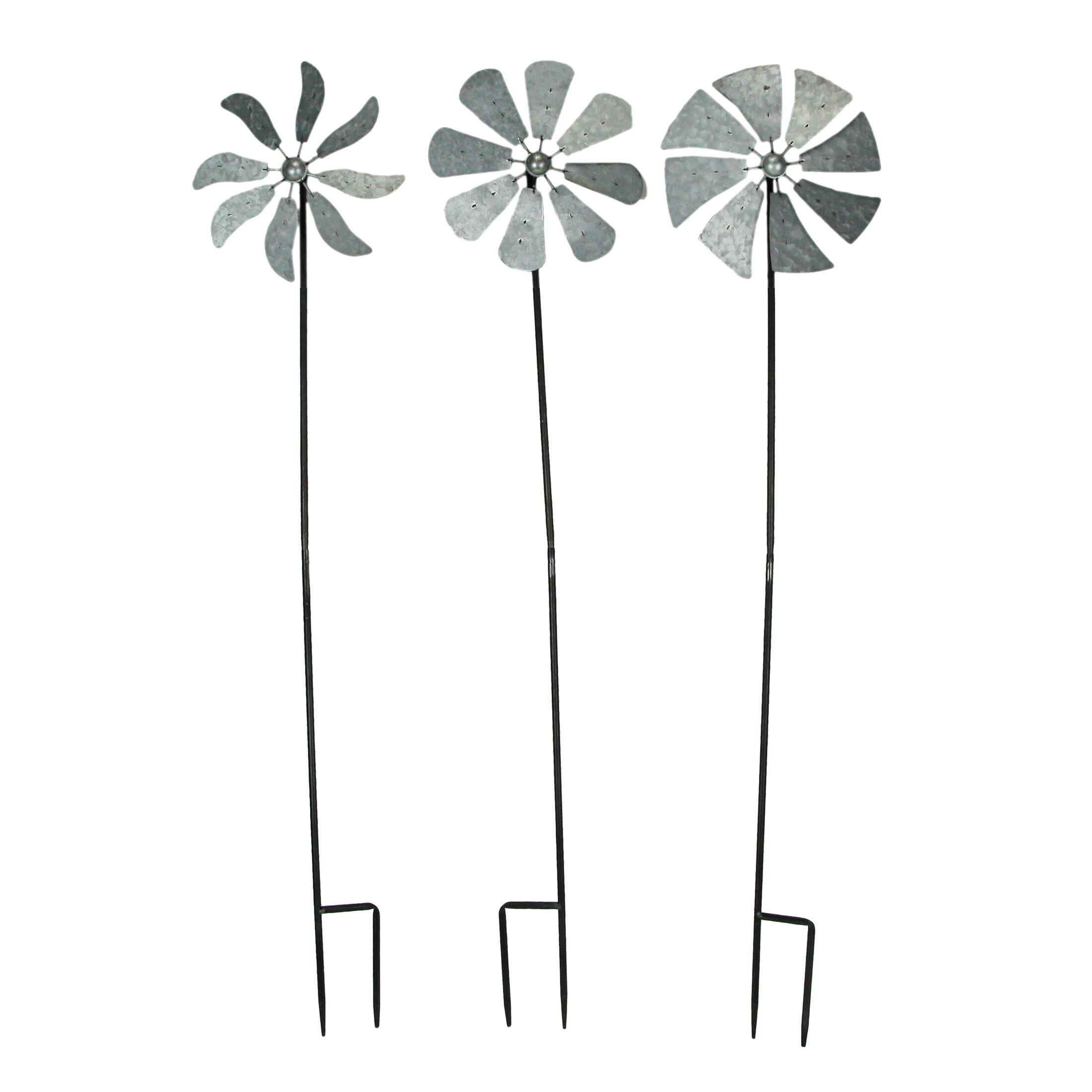 Front. Zeckos - 41 Inch Metal Kinetic Wind Spinner Garden Stakes Outdoor Decorations Set of 3 - Grey.
