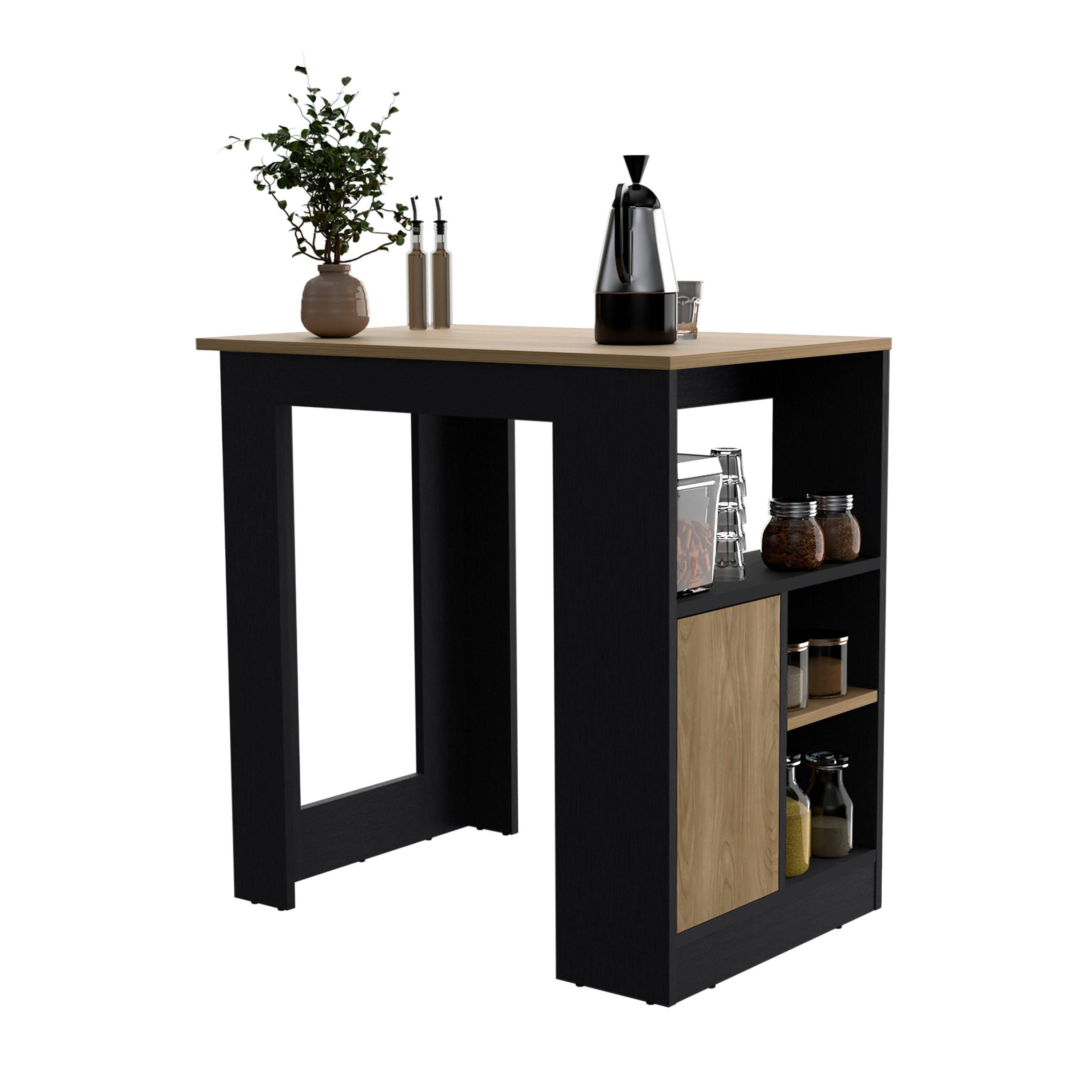 Back. TuHome - Kitchen Island Side Shelves and Push to Open Cabinet Black Wengue Natural Oak – Freestanding Storage - Black.