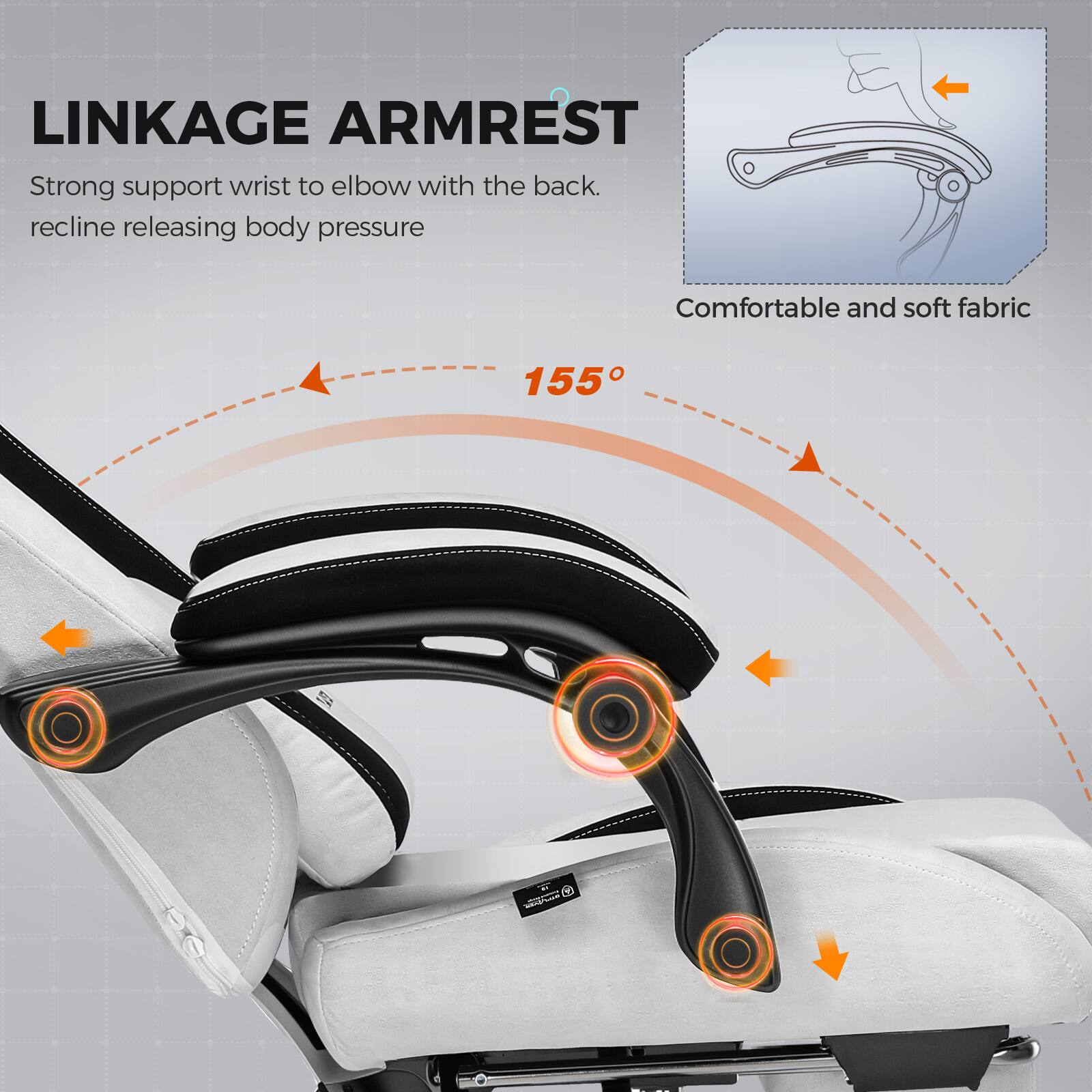 LINKAGE ARMREST

Strong support wrist to elbow with the back. recline releasing body pressure

Comfortable and soft fabric

155°