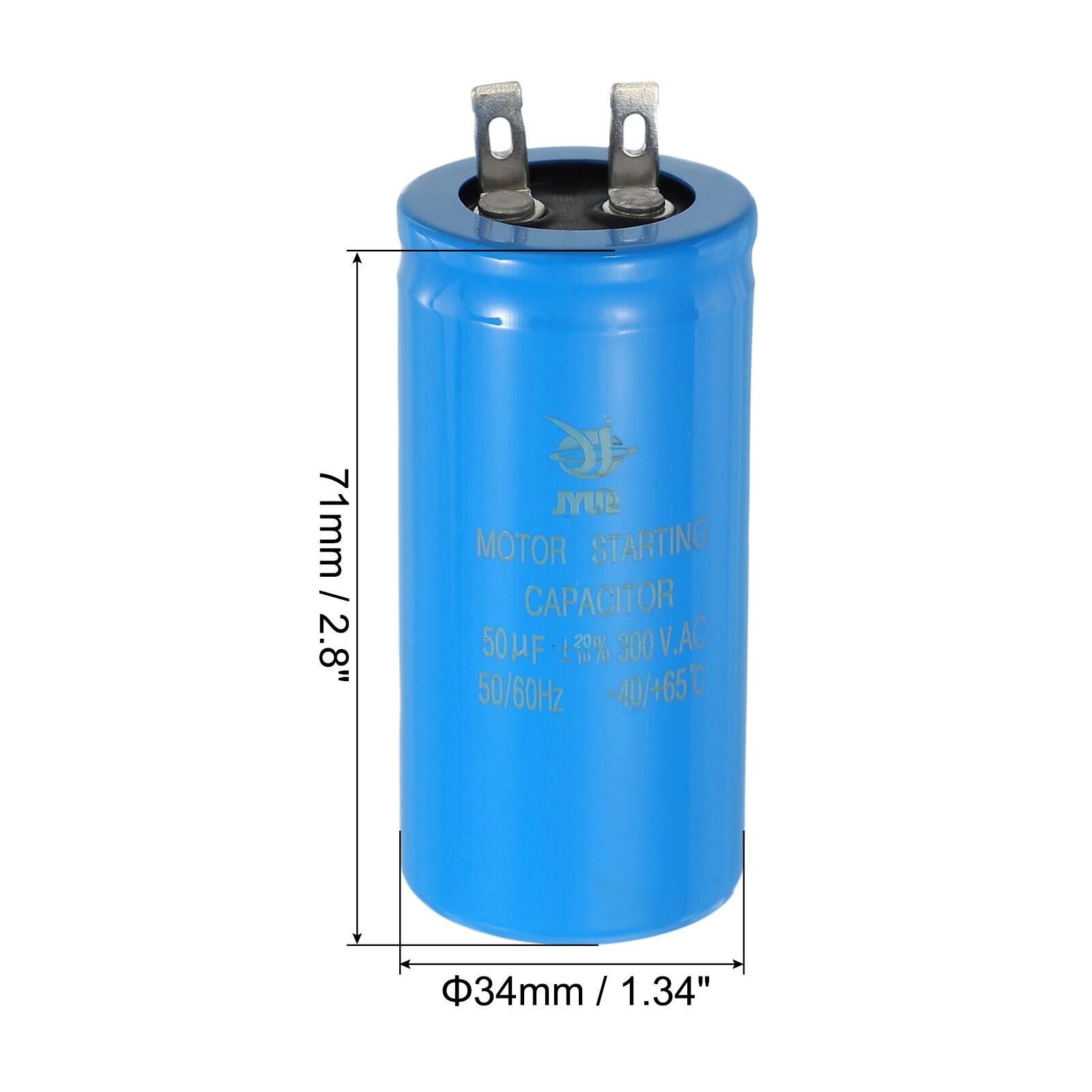 71mm / 2.8" JYUP MOTOR STARTING CAPACITOR 50 UF + 20% 10 300 V.AC V. 50/60Hz -40/+65C 34mm / 1.34" / 1.34"