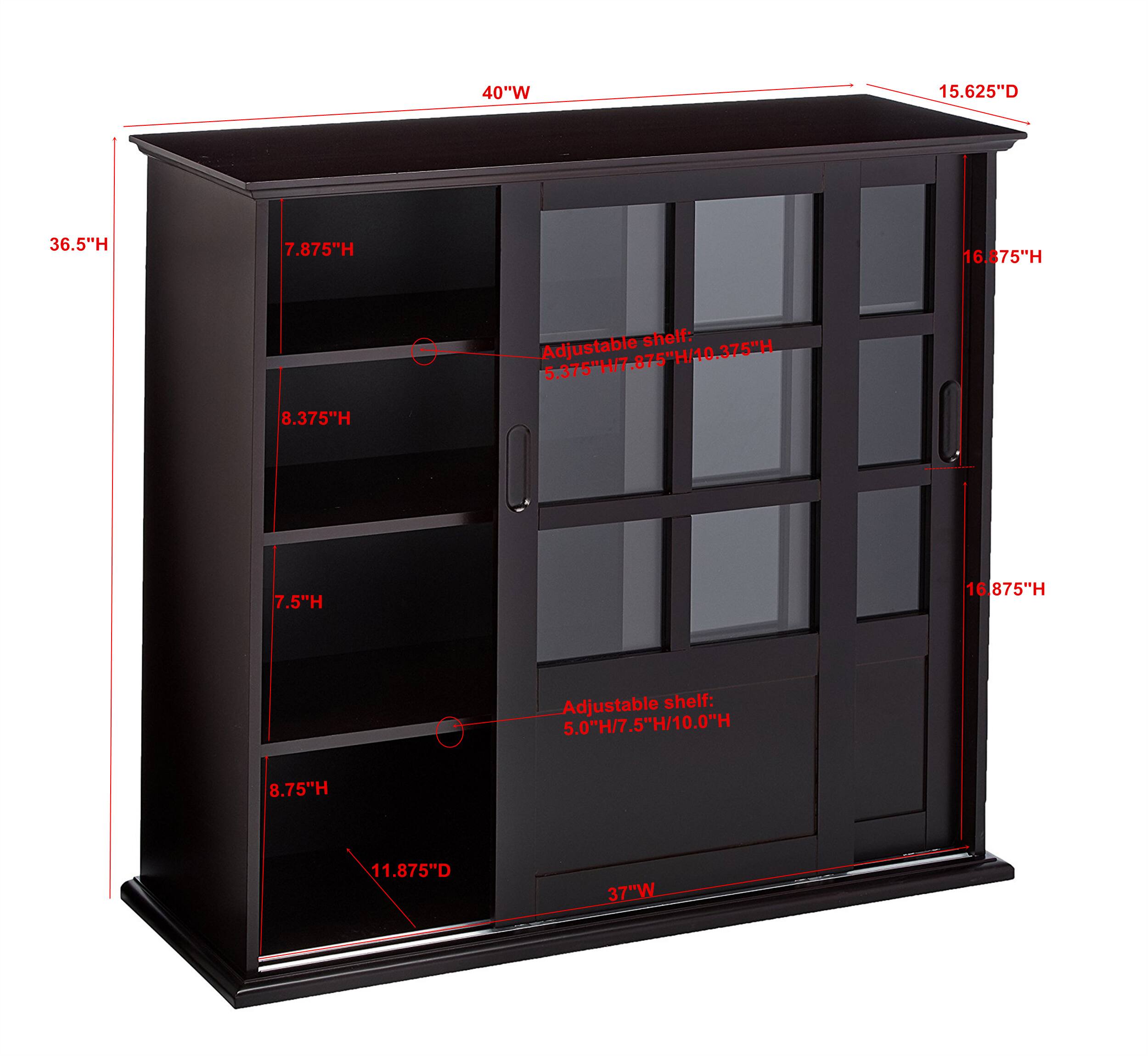 - 40"W
- 15.625"D
- 36.5"H
- 16.875"H
- Adjustable shelf: 5.375"H/7.875"H/10.375"H
- 11.875"D
- 37"W
- 8.75"H
- Adjustable shelf: 5.0"H/7.5"H/10.0"H
- 16.875"H
- 7.875"H
- 8.375"H
- 7.5"H