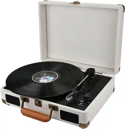 Front. FINEAK - Portable 3-Speed Suitcase Vinyl Record Player with Built-in Speakers - White.