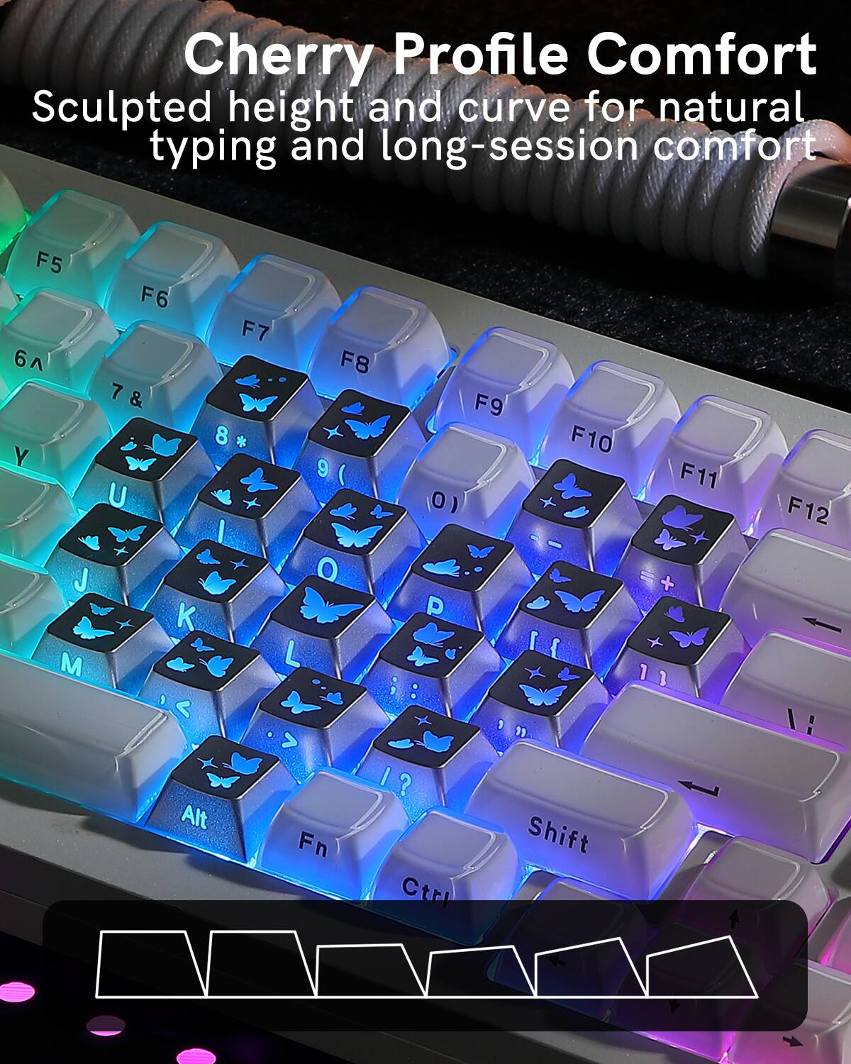 Cherry Profile Comfort  
Sculpted height and curve for natural typing and long-session comfort  

F5 F6 F7 6 F8 7 & 7 & F9 8 * F10 Y 9 ( ) F11 U 0 ) I J O + K P 1 { M L 1 3 : < 1 > I I Alt Fn Shift Ctrl F12