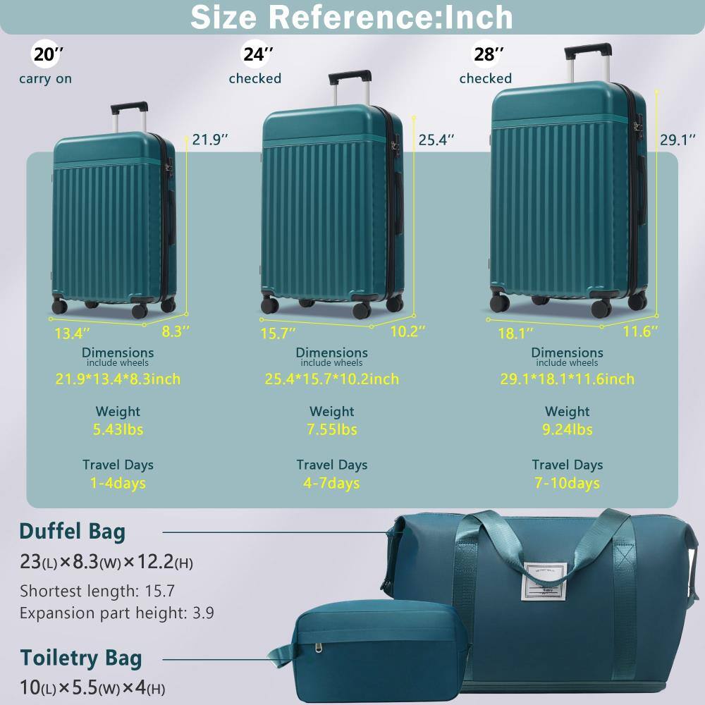 **Size Reference: Inch**

- **20" carry on**
  - Dimensions: 21.9" x 13.4" x 8.3" (include wheels)
  - Weight: 5.43 lbs
  - Travel Days: 1-4 days

- **24" checked**
  - Dimensions: 25.4" x 15.7" x 10.2" (include wheels)
  - Weight: 7.55 lbs
  - Travel Days: 4-7 days

- **28" checked**
  - Dimensions: 29.1" x 18.1" x 11.6" (include wheels)
  - Weight: 9.24 lbs
  - Travel Days: 7-10 days

**Duffel Bag**
- Dimensions: 23(L) x 8.3(w) x 12.2(H)
- Shortest length: 15.7
- Expansion part height: 3.9

**Toiletry Bag**
- Dimensions: 10(L) x 5.5(w) x 4(H)