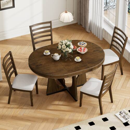 Alt View 2. LUCKY ONE - 5-Piece Retro Dining Set with 58" Extendable Round Dining Table and 4 Chairs - Walnut.