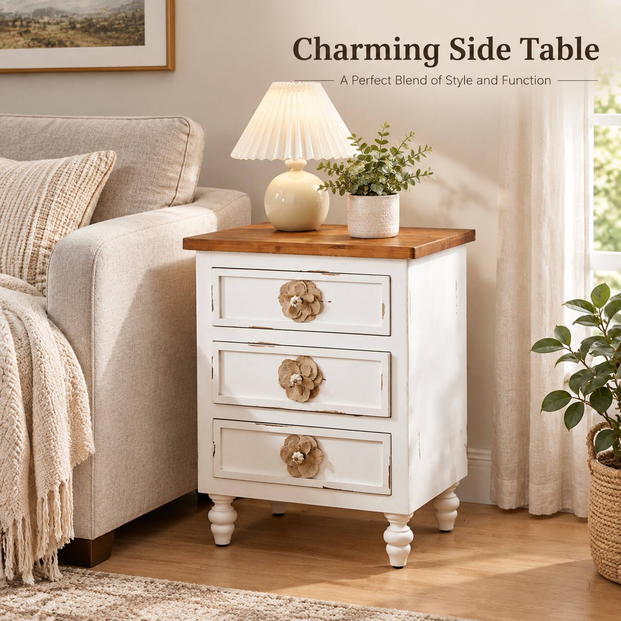 RYHNUYNE Rustic 3 Drawer Nightstand, 18.9 in Distressed White End Table ...