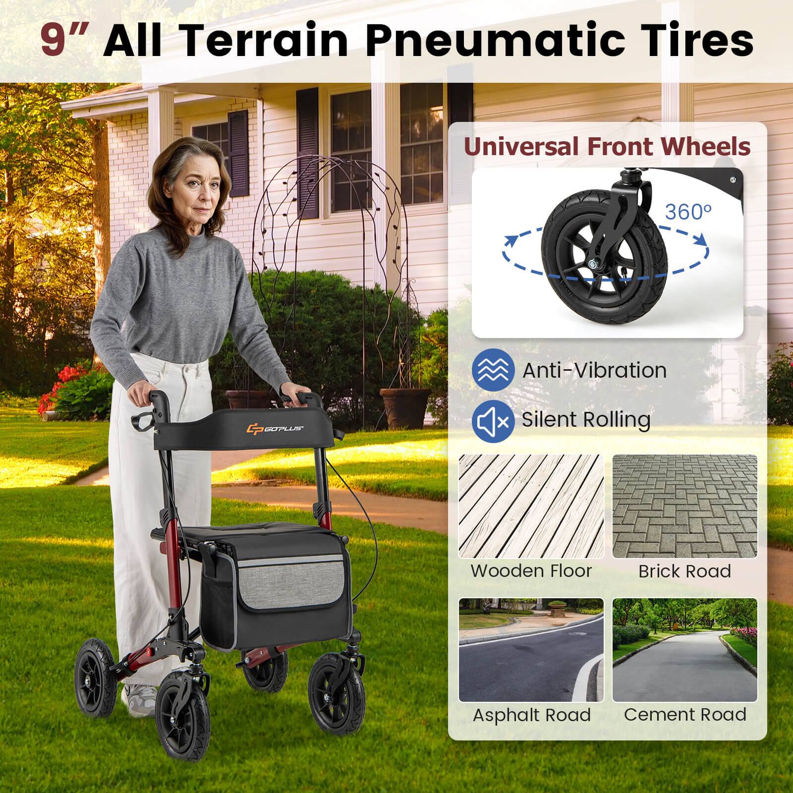 9" All Terrain Pneumatic Tires, Universal Front Wheels 360°, Anti-Vibration, Silent Rolling, Wooden Floor, Brick Road, Asphalt Road, Cement Road