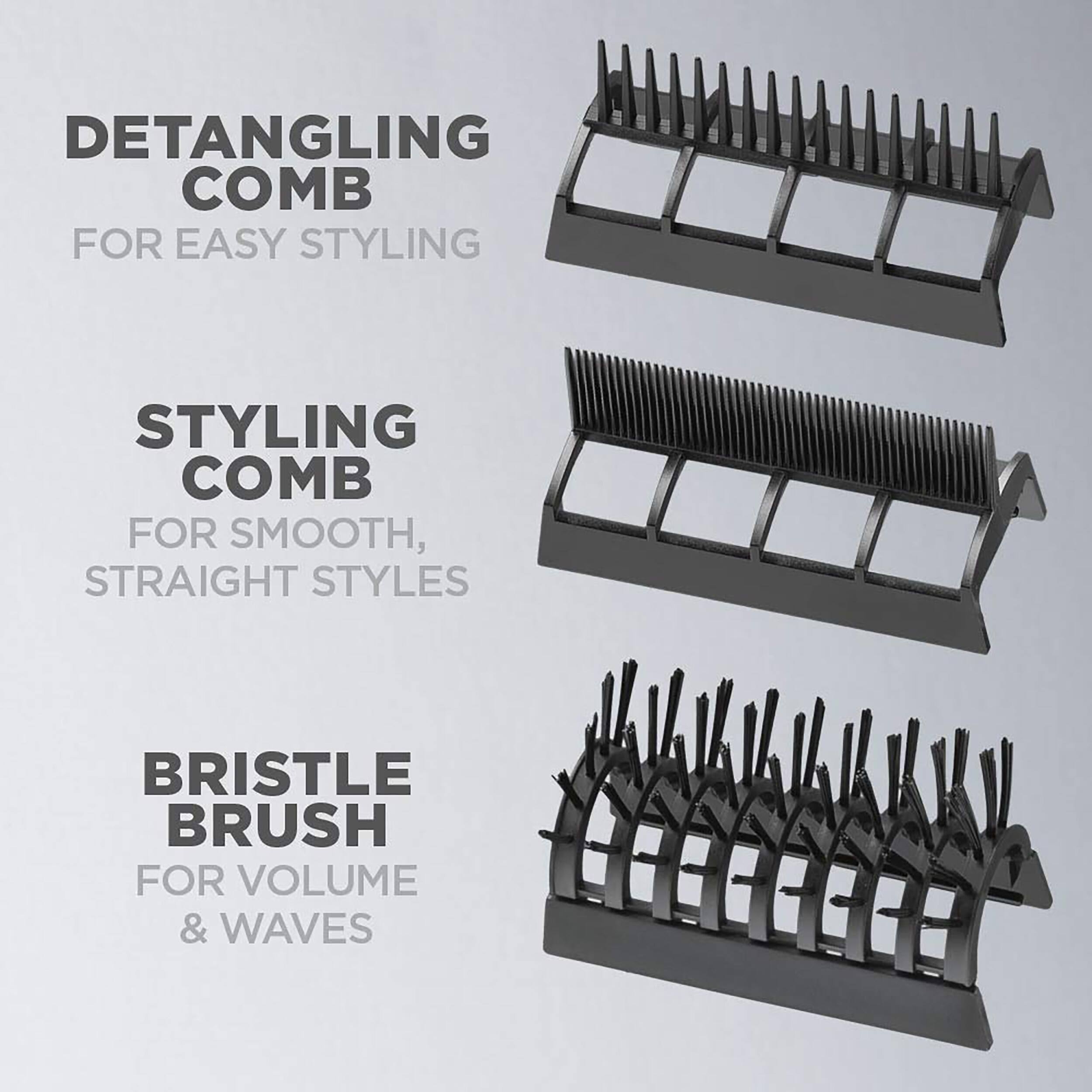 DETANGLING COMB FOR EASY STYLING
STYLING COMB FOR SMOOTH, STRAIGHT STYLES
BRISTLE BRUSH FOR VOLUME & WAVES