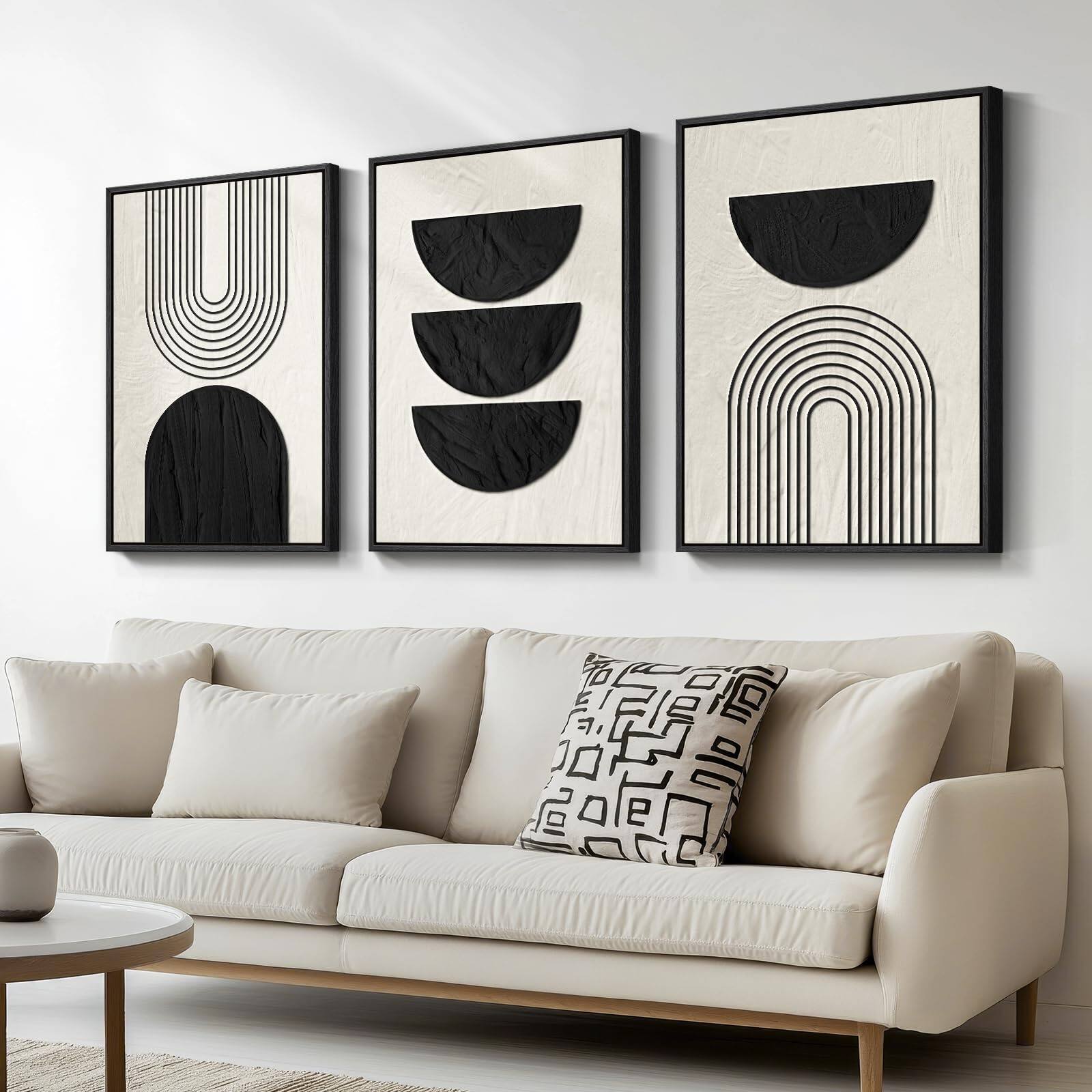 Angle. Hirose Alice - Large Framed Black and White Neutral Abstract Wall Art Minimalist Canvas Prints Paintings Artwork for Walls - Geometric - D 20" W x 30" H x 3Pcs.