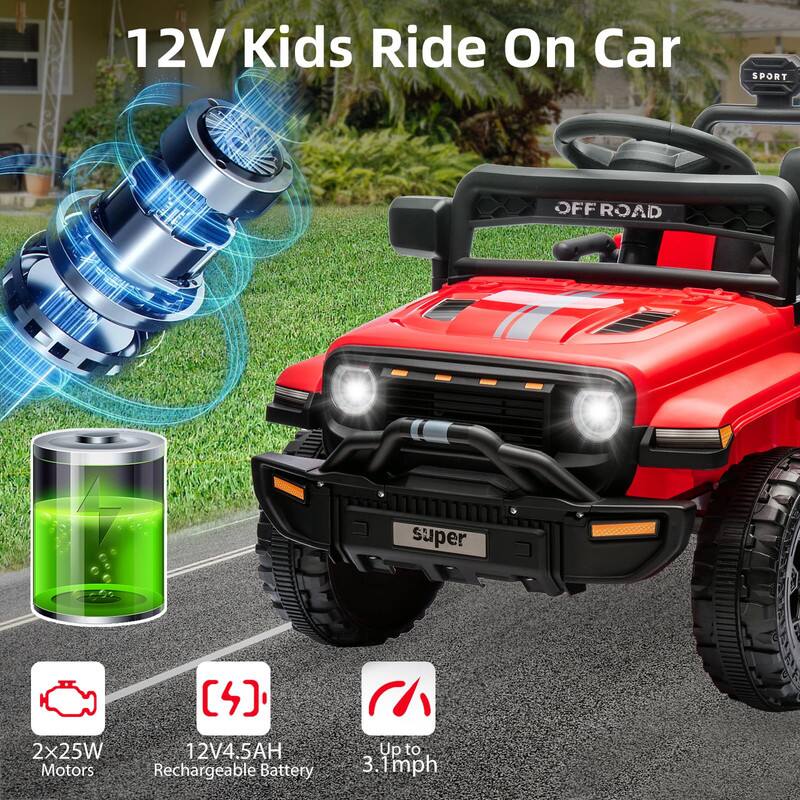 12V Kids Ride On Car  
SPORT OFF ROAD  
super  
2x25W Motors  
12V 4.5AH Rechargeable Battery  
Up to 3.1 mph