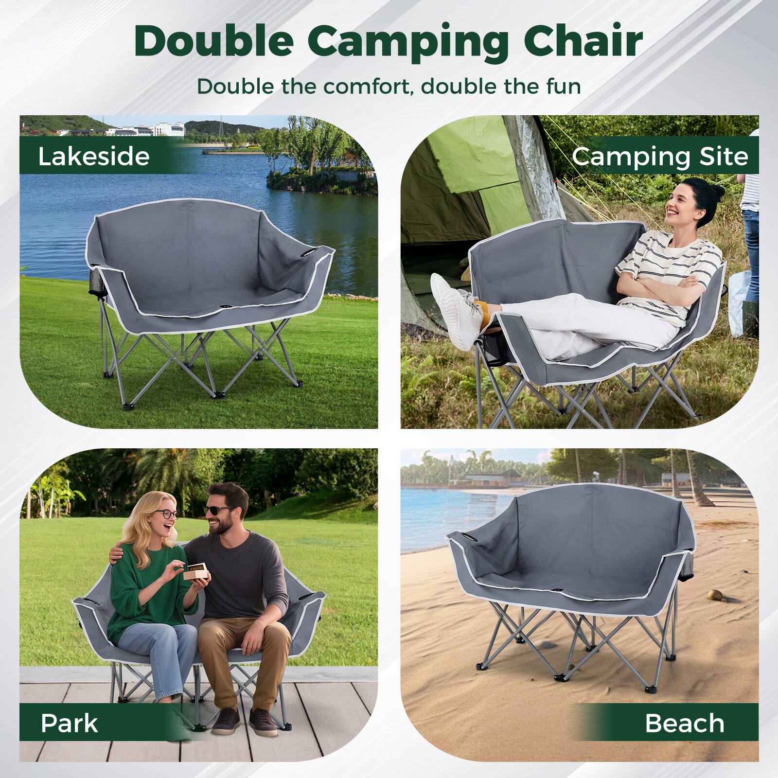 Double Camping Chair  
Double the comfort, double the fun  

Lakeside  
Camping Site  
Park  
Beach