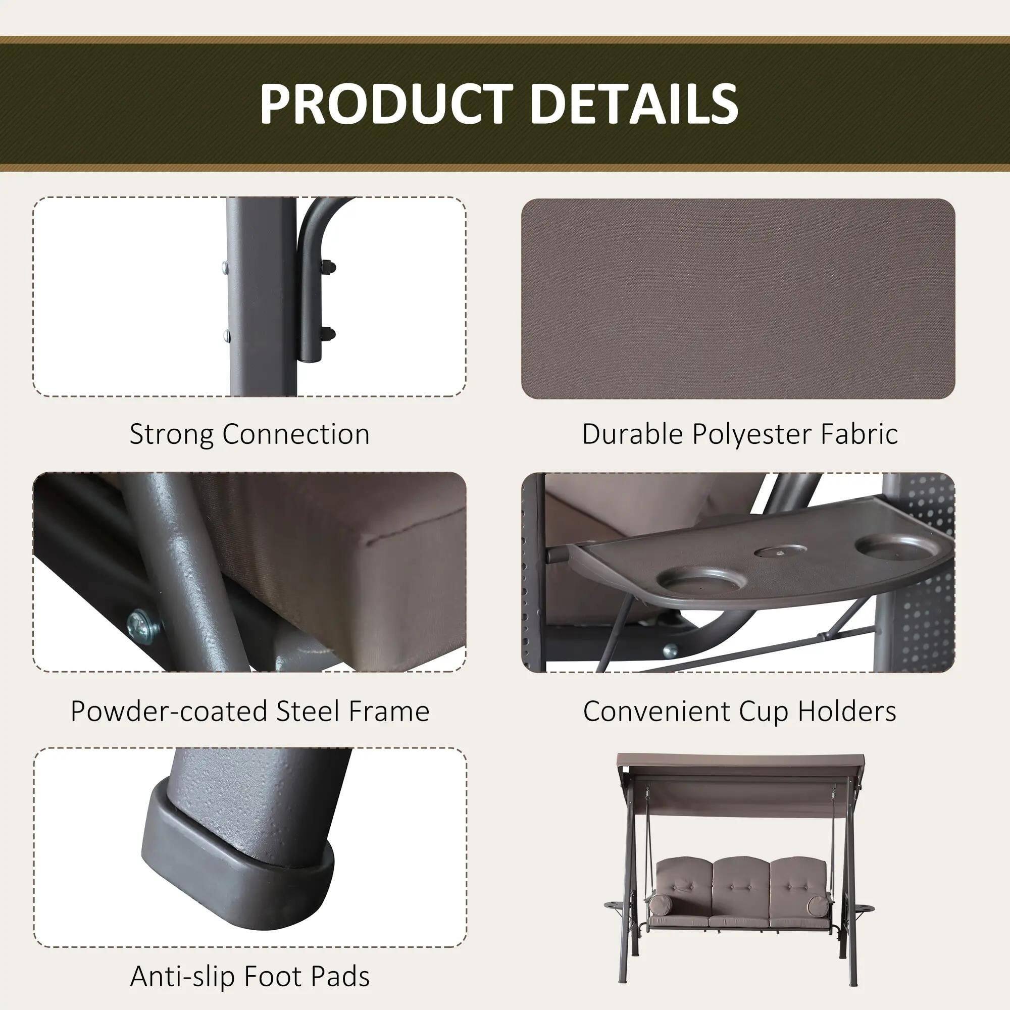PRODUCT DETAILS

- Strong Connection
- Durable Polyester Fabric
- Powder-coated Steel Frame
- Convenient Cup Holders
- Anti-slip Foot Pads