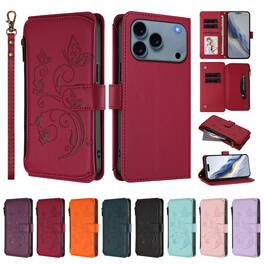 Dteck - Crossbody Wallet Case for Apple iPhone 17 Pro Max,Embossed Butterfly Flower Folio Cover with Zipper Pocket+Strap - Red