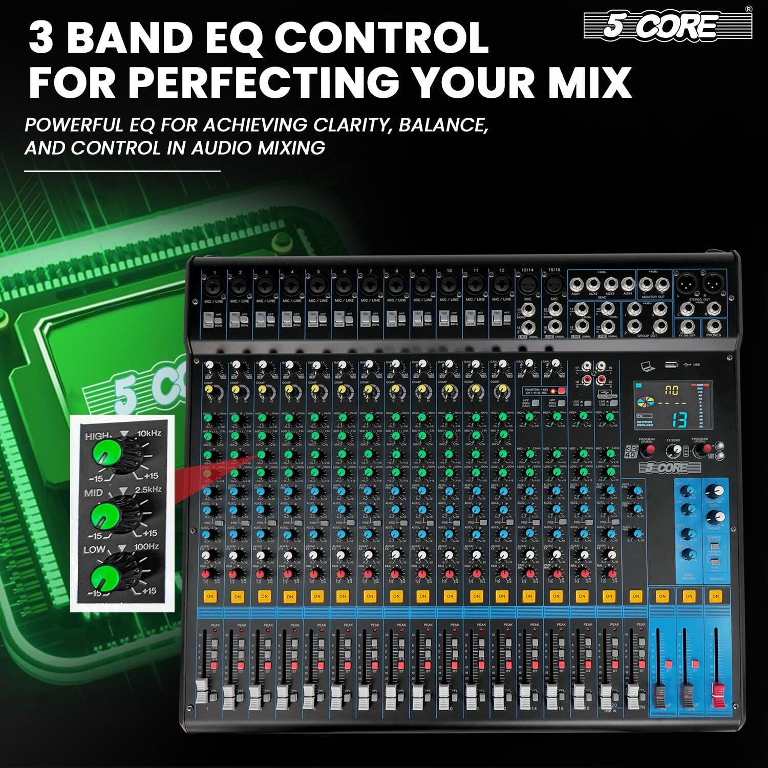 3 BAND EQ CONTROL FOR PERFECTING YOUR MIX

POWERFUL EQ FOR ACHIEVING CLARITY, BALANCE, AND CONTROL IN AUDIO MIXING

HIGH 10kHz -15 +15  
MID 2.5kHz -15 +15  
LOW 100Hz -15 +15  

5 CORE