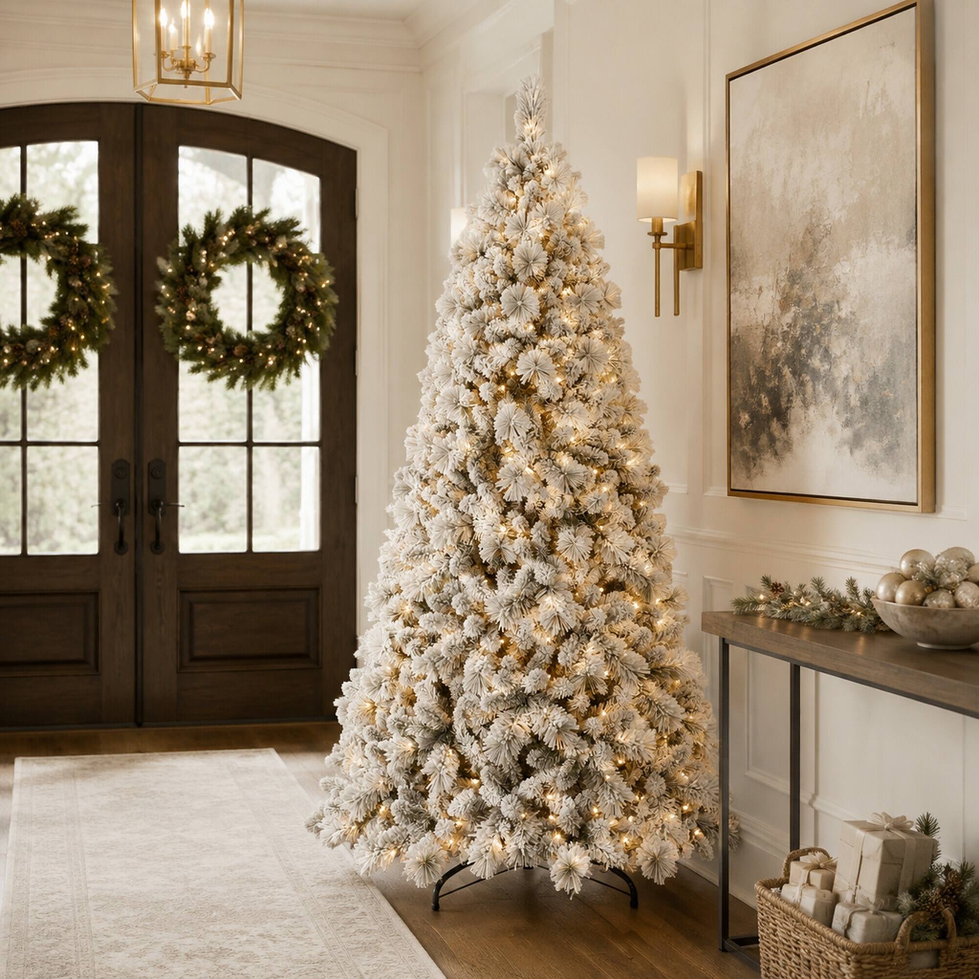 Alt View 2. RYHNUYNE - 4FT Flocked Pre-Lit Christmas Tree, 150 Warm White LED Lights 350 Tips PVC Hard Needle Hinged Design Sturdy Metal Stand - Green,White.