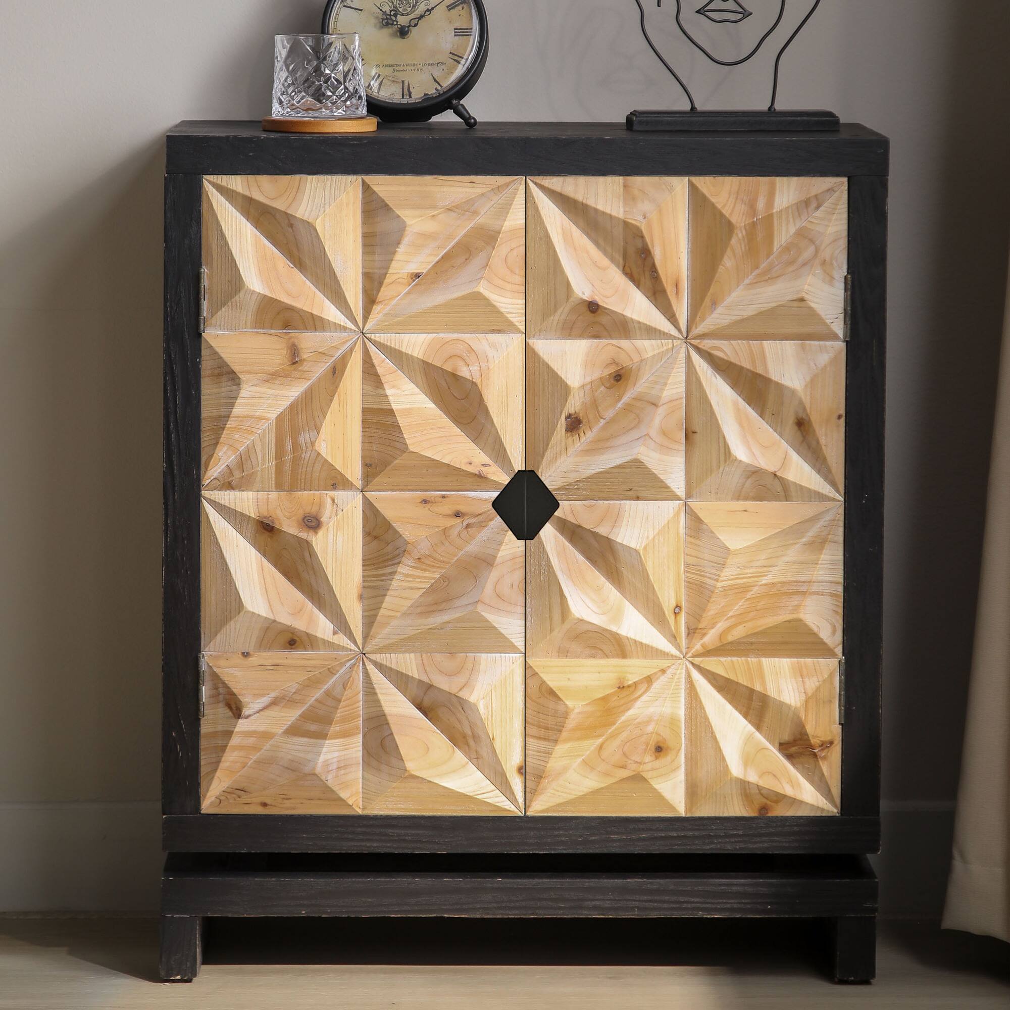 Angle. GOODSILO - Modern Geometric Carved Double-Door Storage Cabinet with Elegant Design and Ample Space - Black+Natural.