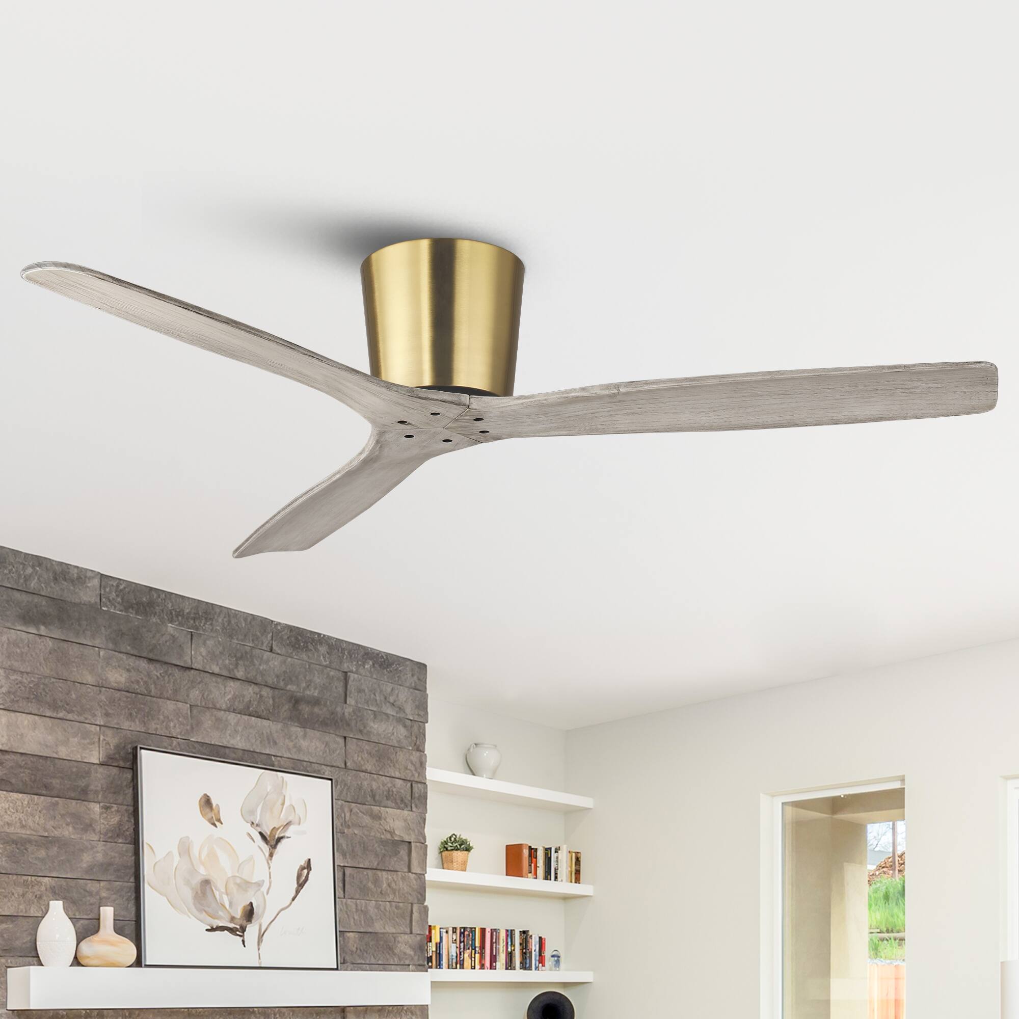 Front. Parrot Uncle - 54" Modern Solid Wood Blades Low Profile Ceiling Fan without Light - Gold.