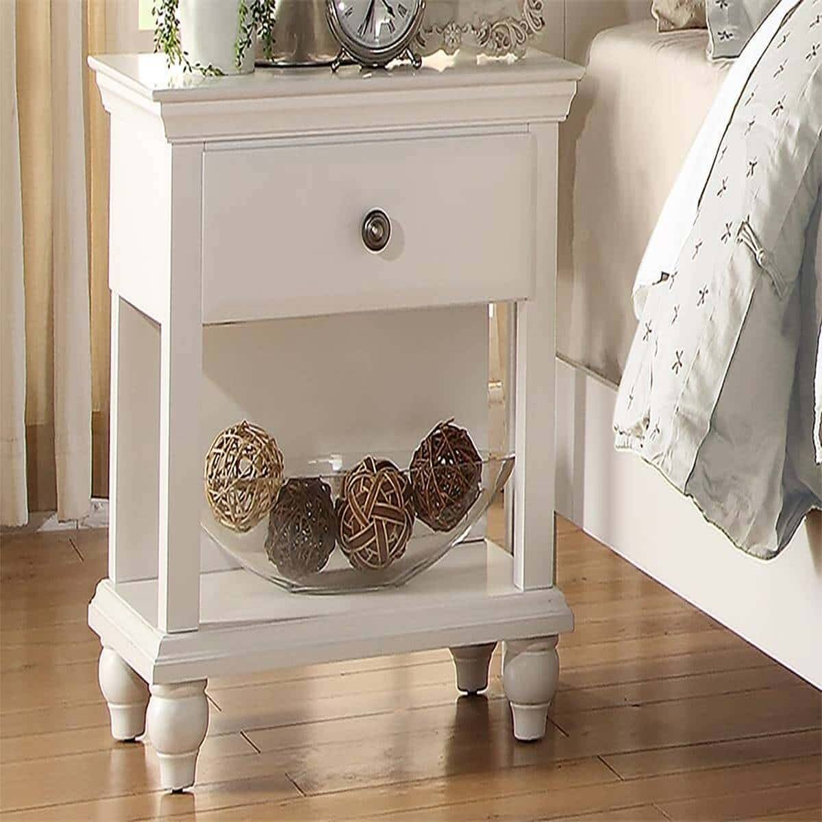 Loheer - Bedroom Nightstand with One Drawer and Open Shelf, 26 Inch Tall Wooden Bedside Table - White