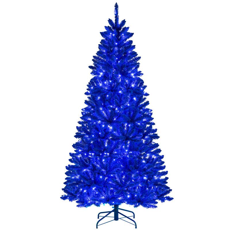 Front. WELLFOR - 7 FT Pre‑Lit Christmas Tree, Blue Hinged Artificial Tree with 900 Branch Tips, 340 Blue LED Lights - Blue.