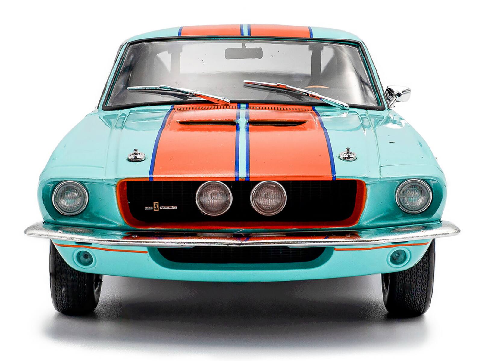 Alt View 4. Solido - 1967 Shelby GT500 #4 "Gulf Racing Tribute" Light Blue with Orange Stripes 1/18 Diecast Model Car by Solido.