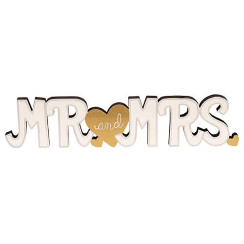 BreeBe - Mr. and Mrs. Wooden Cutout Sitter w/Gold Hearts - White, Gold