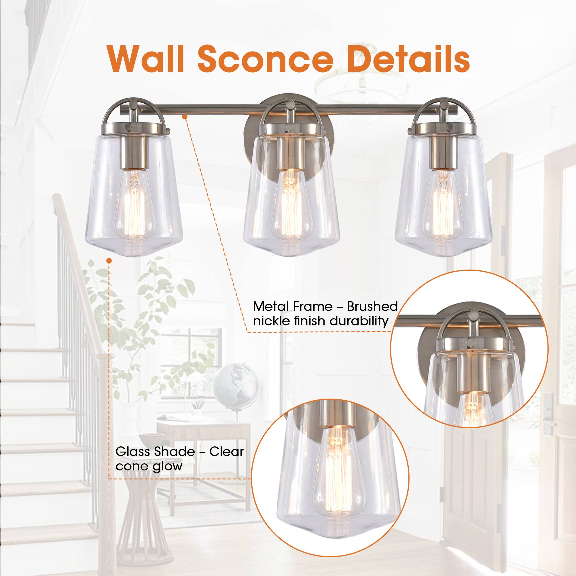 Wall Sconce Details

Metal Frame - Brushed nickel finish durability

Glass Shade - Clear cone glow