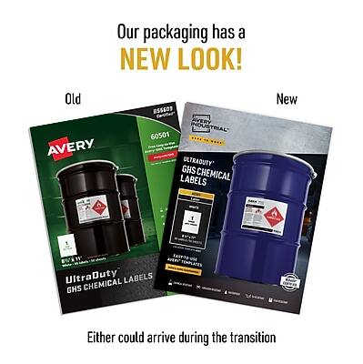 Our packaging has a NEW LOOK!

Old:
AVERY BS5603
AVERY INDUSTRIAL 60501
ULTRADUTY GHS CHEMICAL LABELS

New:
UltraDuty CHEMICAL LABELS GHS TEMPLATES

Either could arrive during the transition