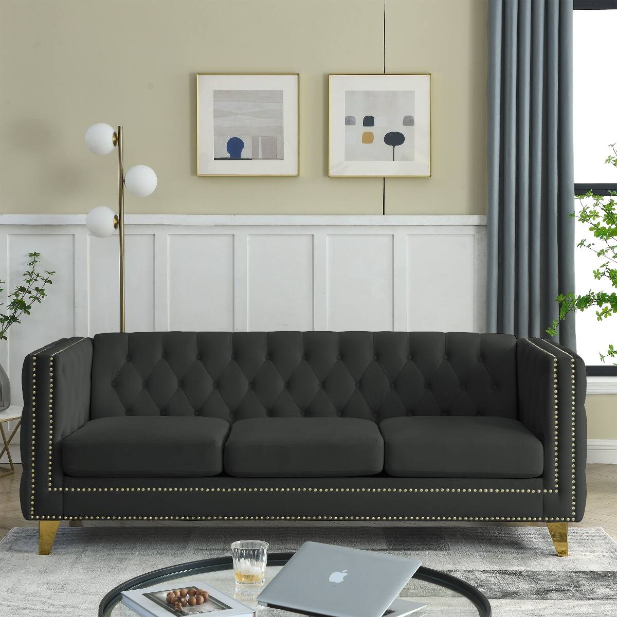 Ropilly Black Velvet Sofa, Chesterfield Style 3 Seat Sofa with Button ...