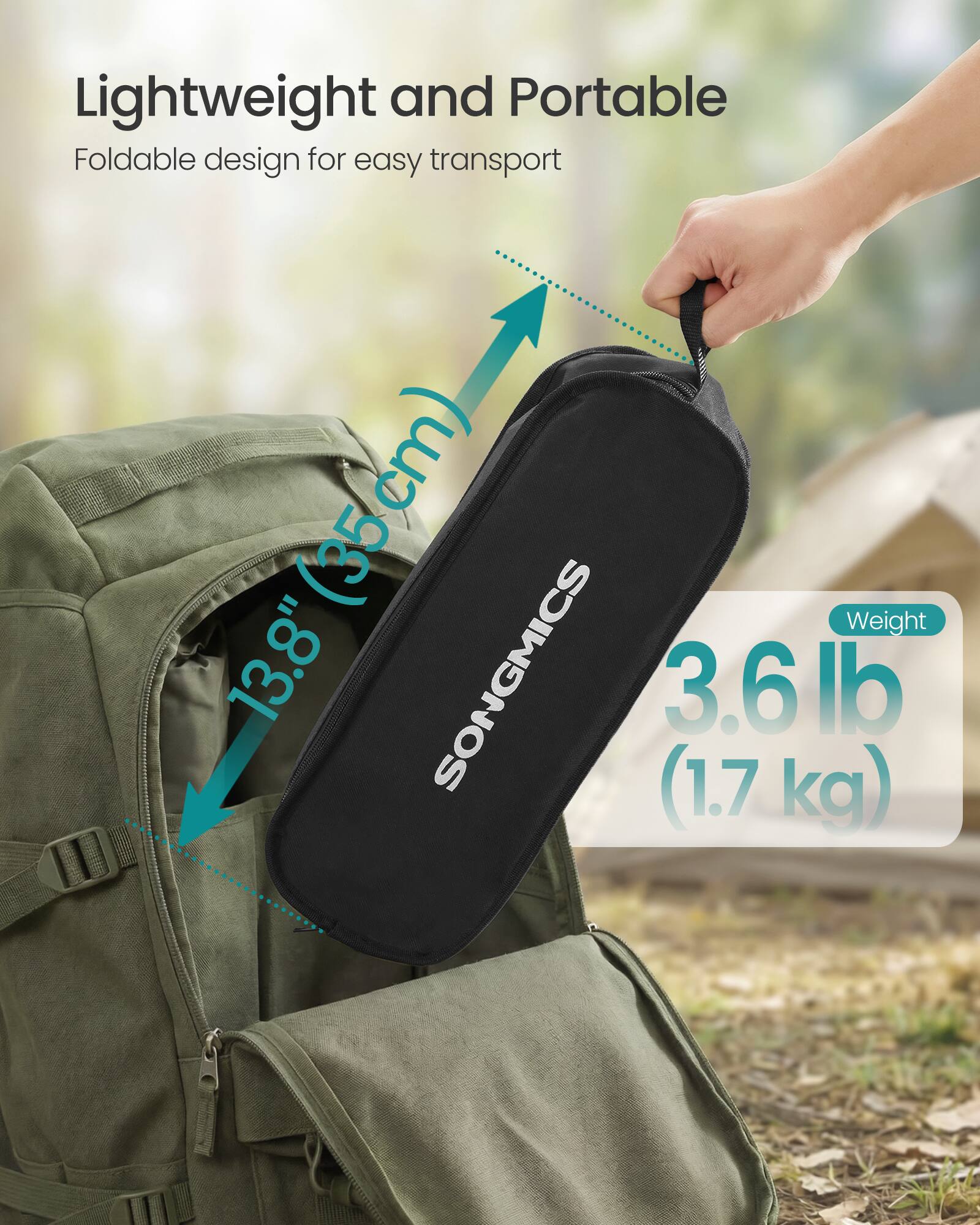 Lightweight and Portable  
Foldable design for easy transport  

13.8" (35 cm)  
3.6 lb (1.7 kg)
