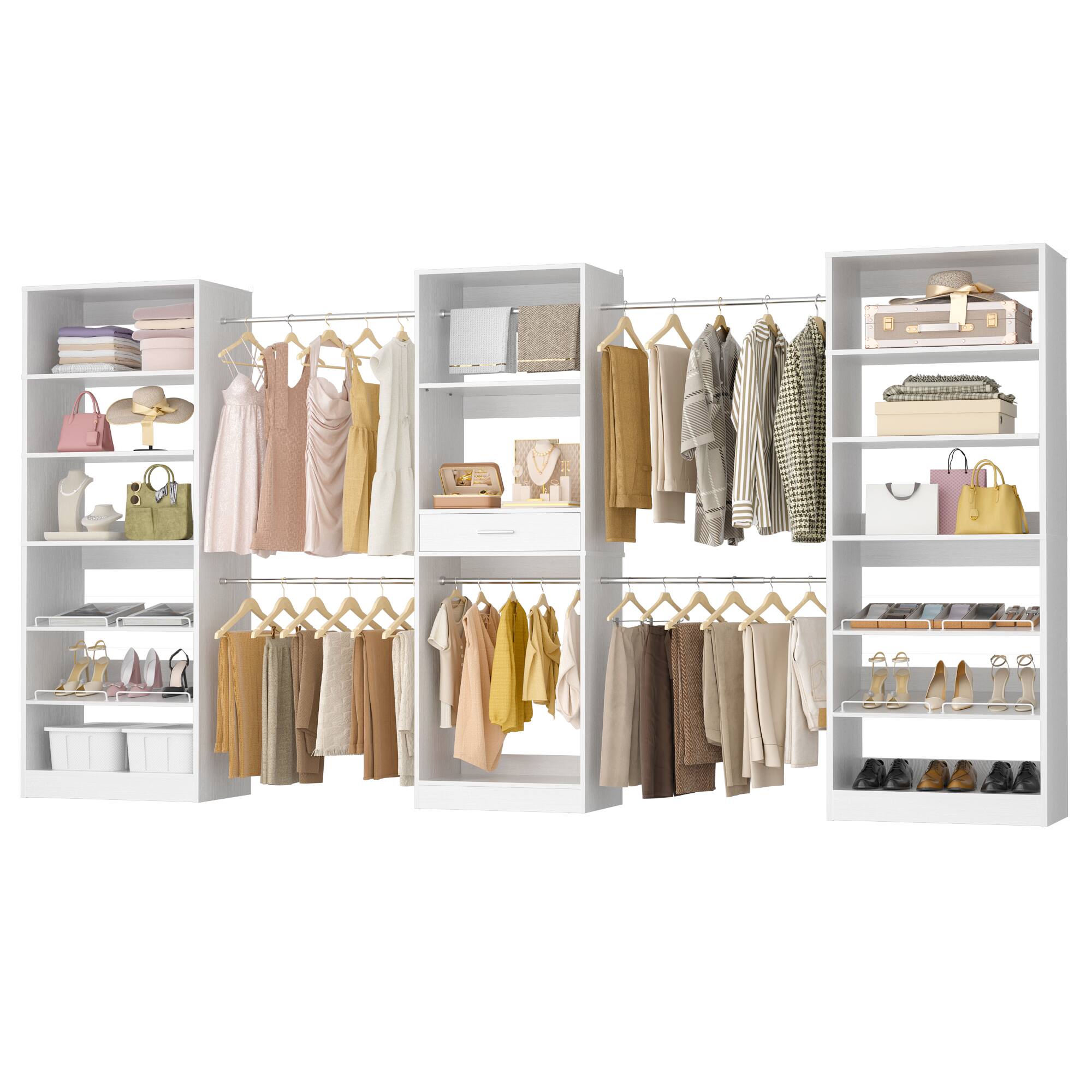 Angle. Aheaplus - 146'' Closet System 3-Piece Set, Wardrobe System with Hanging Rods, Drawer and Adjustable Shelves - White.