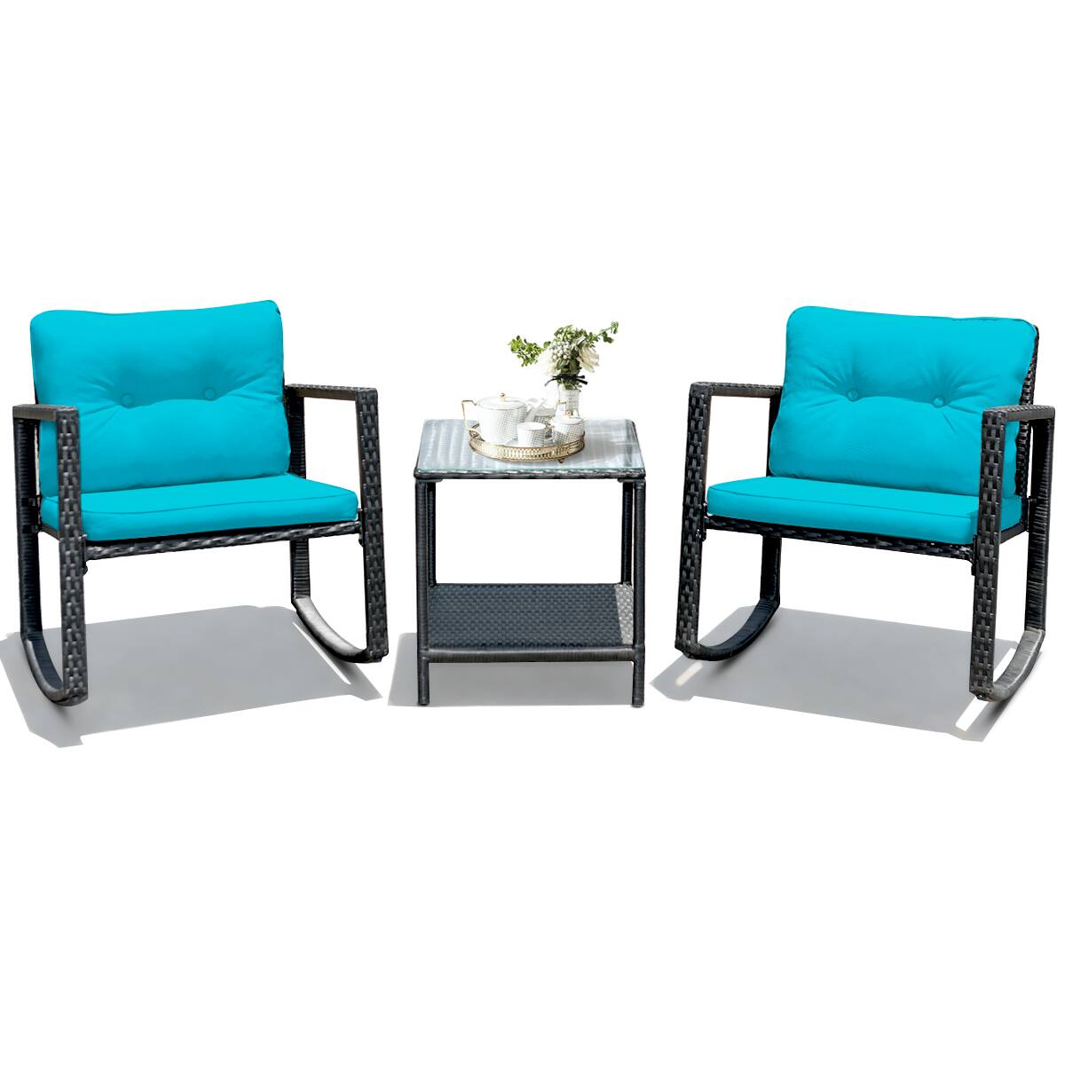 Alt View 1. Gymax - Gymax 3PCS Rattan Rocking Chair Table Set Patio Furniture Set w/ Blue Cushions - as pic.